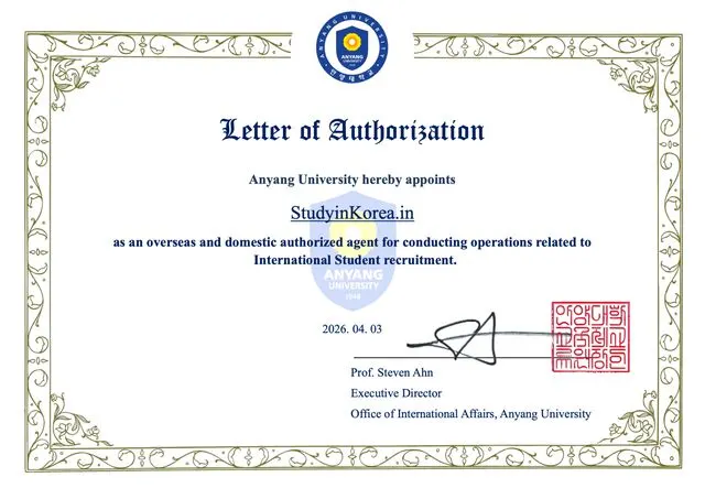 Letter of Authorization from Anyang University appointing StudyInKorea.in as authorized agent
