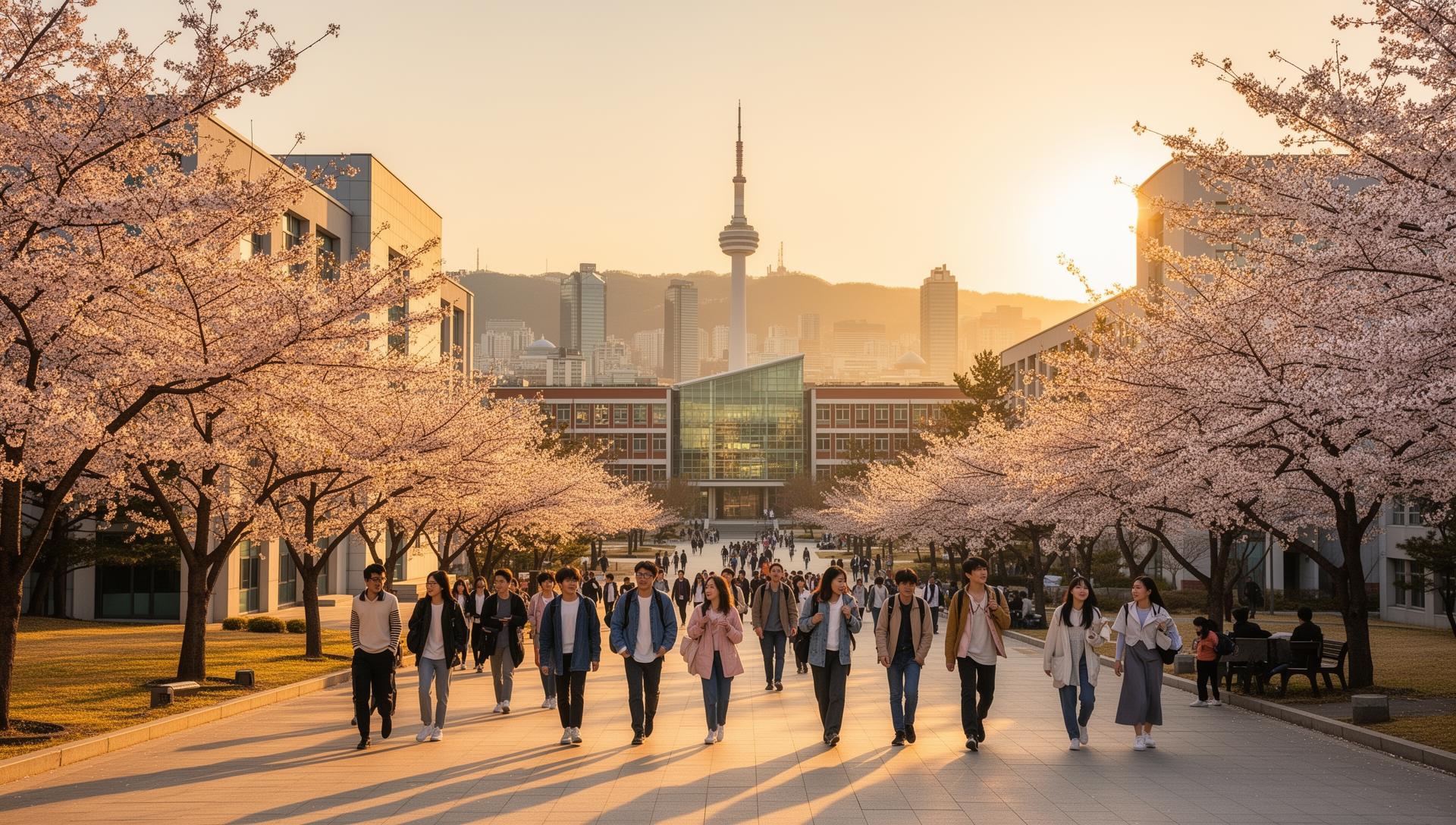 Korean university campus with cherry blossoms