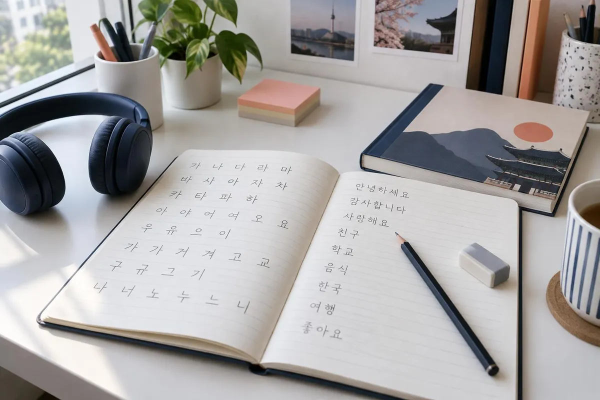 Korean Hangul practice notebook with headphones and study materials on a desk
